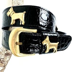 BELT Women’s Brass Happy Dogs Faux Alligator Crocodile Strap Vintage Dog Mom